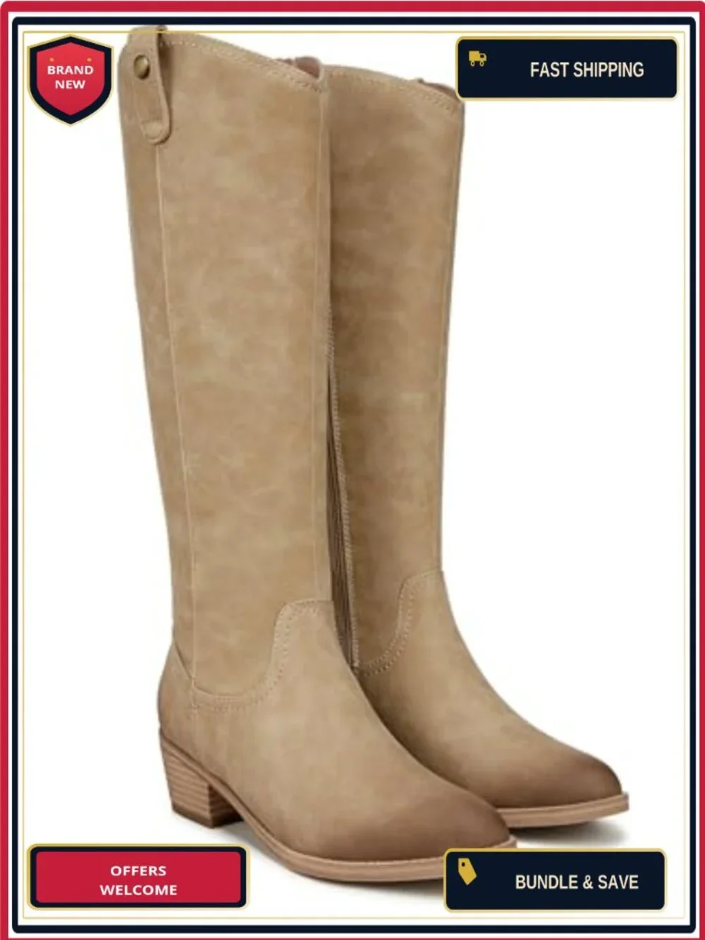 Synthetic Knee-High Western Boots with Block Heel - Women's